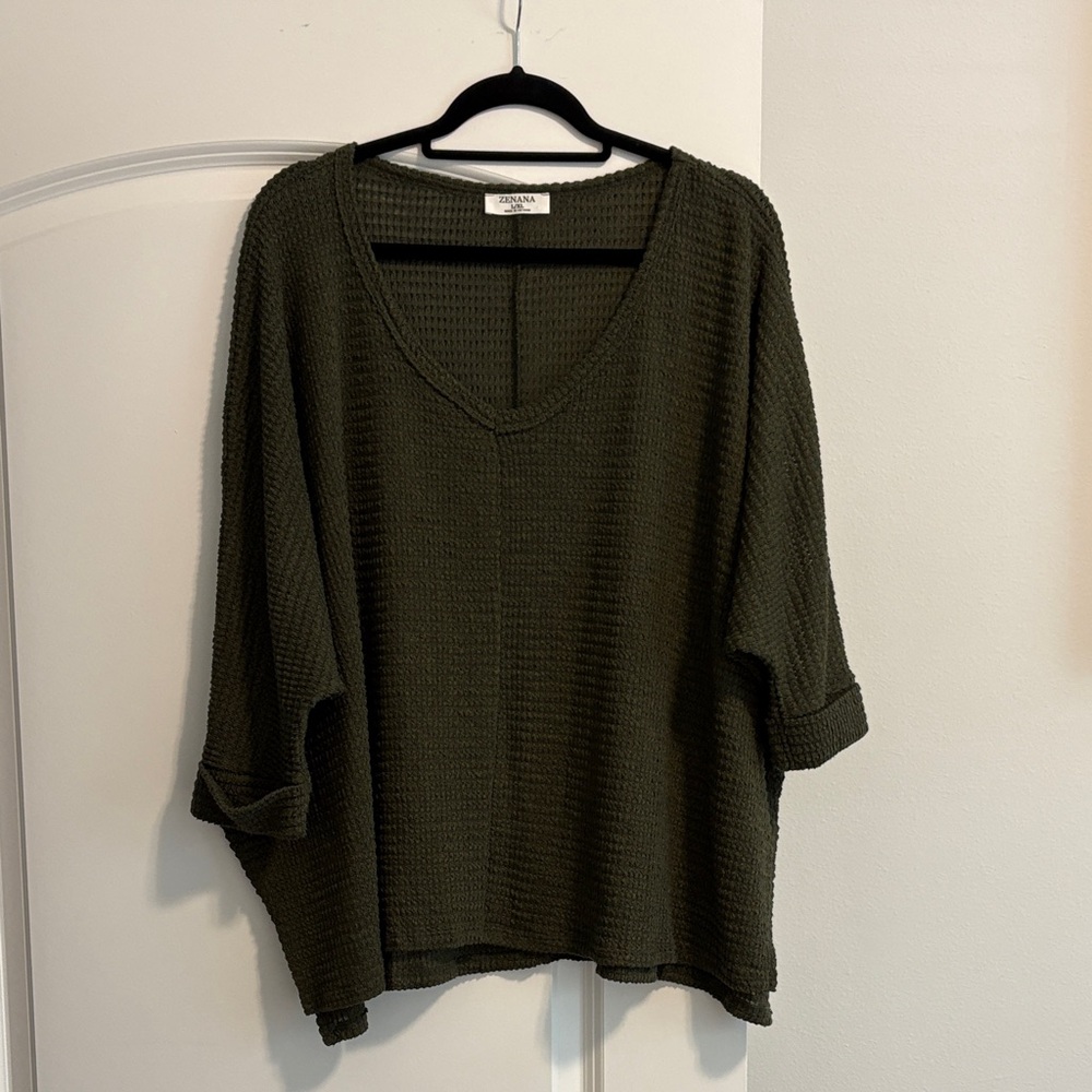 Zenana Waffle Olive Knit Top L/XL